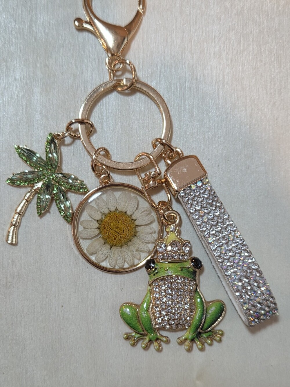 Bling Rhinestone Frog Prince Keychain Daisy Flower & Palm Tree Bag Charm Keyring